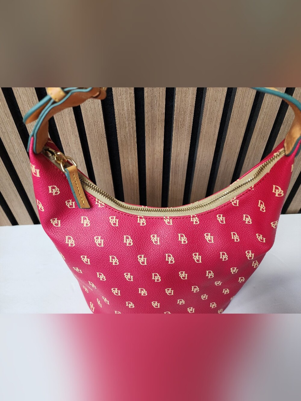 Vintage Dooney & Bourke Red Signature Monogram Hobo with Tan Strap Y2K - Picture 4 of 16